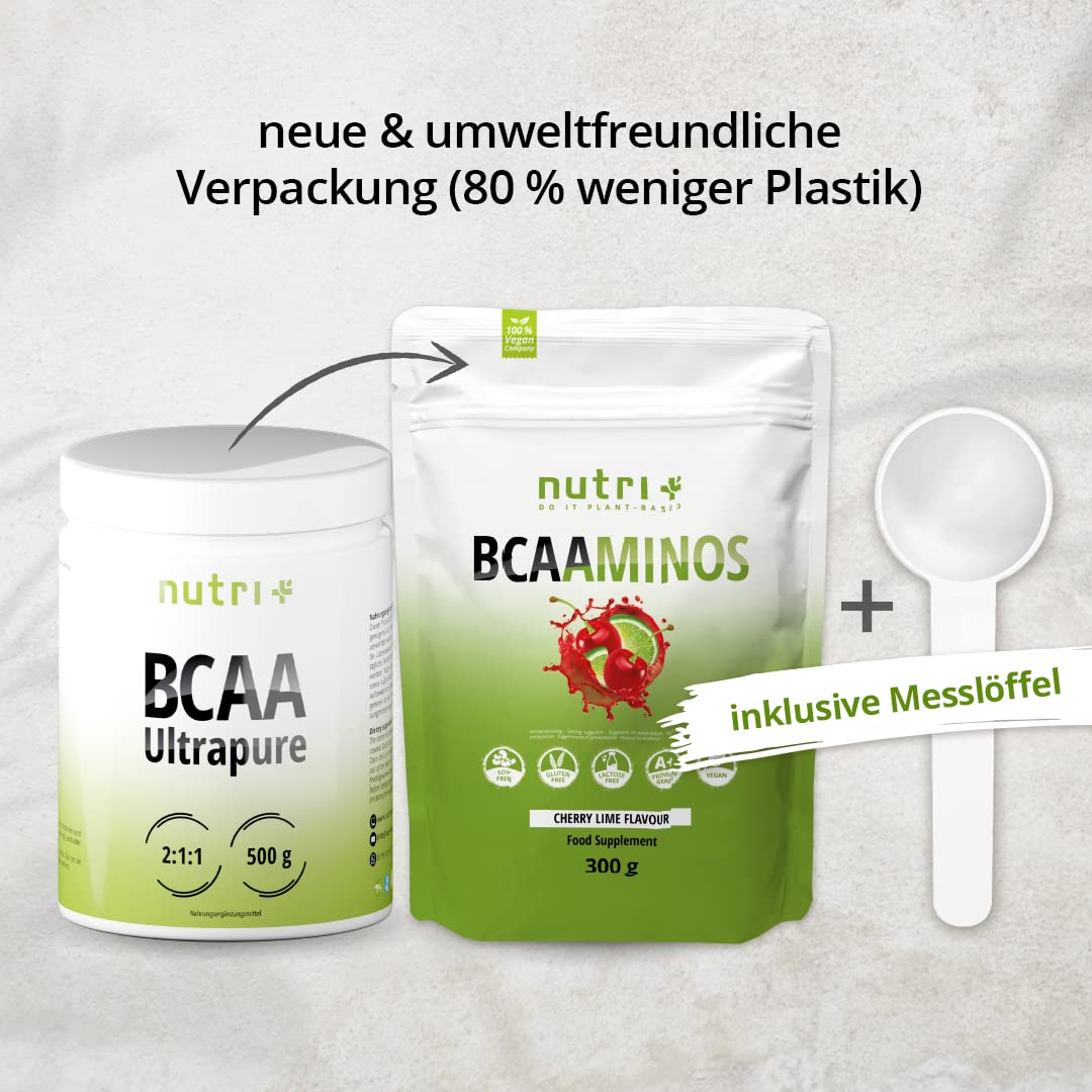 Nutri + BCAA Powder 600 g Cherry Lime - Amino Acids Complex High Dose - BCAAminos Instant Powder Cherry Vegan - Amino Acid 2:1:1 L-Leucine L-Isoleucine L-Valine - Amino Acid Complex