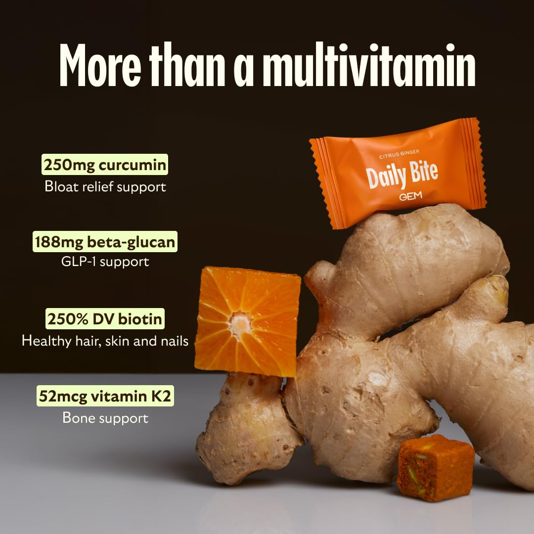 GEM Daily Bite for Women & Men, with 20+ Vitamins, Minerals, & Superfoods Like Zinc, Vitamin D, B-Complex, K, Turmeric, Fiber & Prebiotics, Beta Glucan GLP-1 Support & Immunity (Citrus Ginger,7 count) GEMBuy Supplements Australia