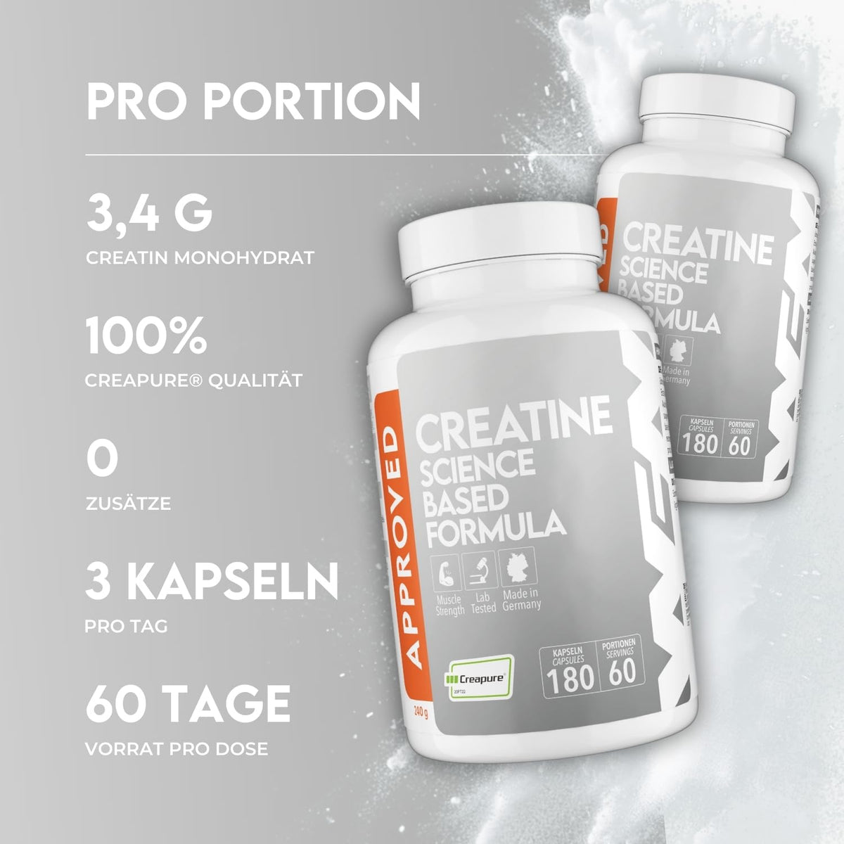 WFN Approved Creatine Caps - Creapure - 180 Creatine Capsules - High Dose Giga Caps - Pure Creatine Monohydrate - Vegan - 60 Servings - No Additives