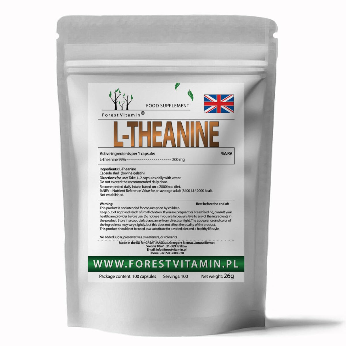 L-Theanine 200 mg - 100 Capsules - L Theanine 99% - High Dose of Green Tea (Camellia Sinensis) - Pure Theanine Amino Acid Supplement - Vegan - No Additives - Forest Vitamin