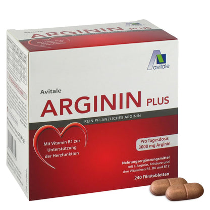 Avitale with Vegetable Arginine, Vitamin B1, B6, B12 and Folic Acid 3000 mg PURE Arginine Plus Tablets, 240 Tablets | Supports normal heart function: vitamin B1 and 3000 mg of pure vegetable arginine as a practical tablet
