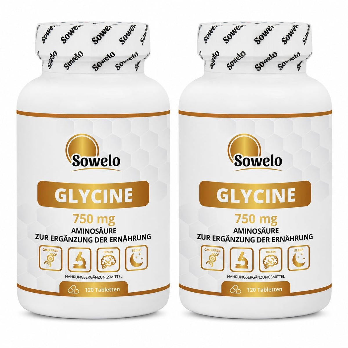 Glycine 750 mg per tablet - 120 tablets - focus & well-being | Pure Amino Acid for Night Recovery - No Additives, High Purity - Sowelo (2-Pack)