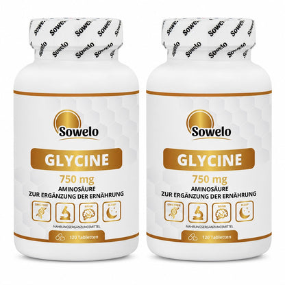 Glycine 750 mg per tablet - 120 tablets - focus & well-being | Pure Amino Acid for Night Recovery - No Additives, High Purity - Sowelo (2-Pack)