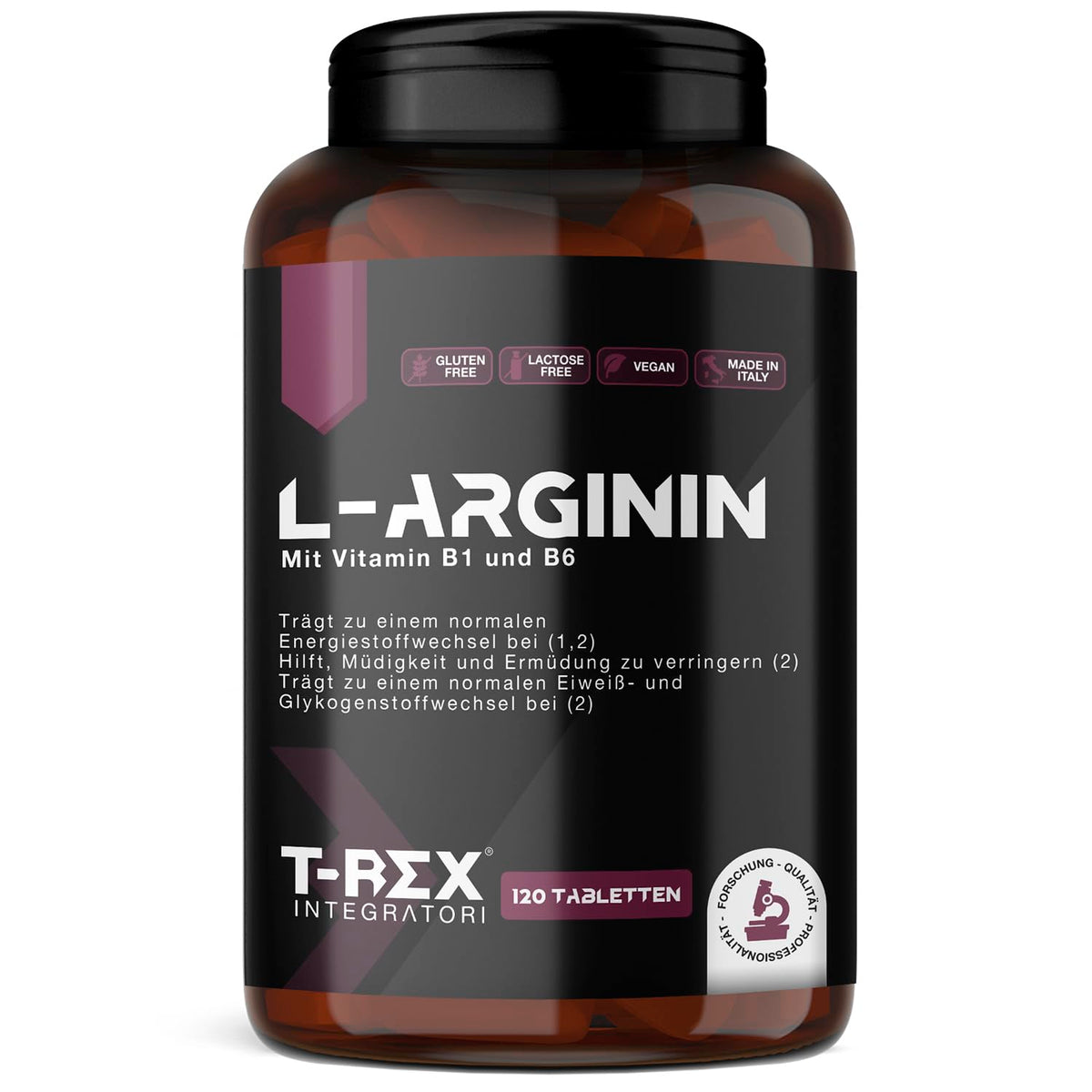 T-Rex Integratori L-Arginine 1000 mg with Vitamin B1 and B6 | High Dosage | 120 Tablets L-Arginine HCL | Pre-Workout Dietary Supplement for Athletes, Vegan