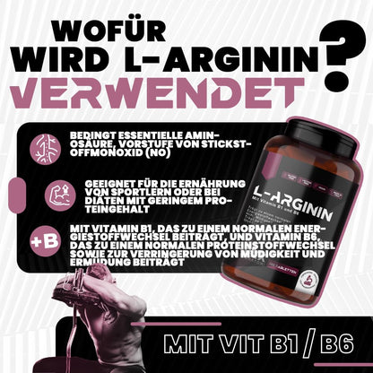 T-Rex Integratori L-Arginine 1000 mg with Vitamin B1 and B6 | High Dosage | 120 Tablets L-Arginine HCL | Pre-Workout Dietary Supplement for Athletes, Vegan