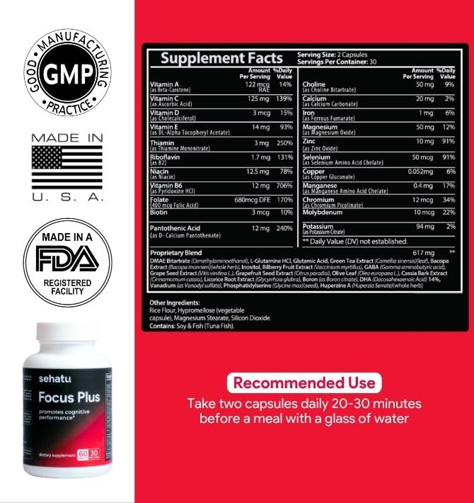 SEHATU Focus Plus Cognitive Performance Enhancer | with N-Acetyl L-Tyrosine, DMAE Bitartrate, GABA, Glutamic Acid | Boosts Focus, Enhances Memory, Supports Brain Health | 60 Count | 30 Day Supply SEHATUBuy Supplements Australia