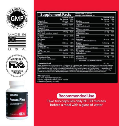 SEHATU Focus Plus Cognitive Performance Enhancer | with N-Acetyl L-Tyrosine, DMAE Bitartrate, GABA, Glutamic Acid | Boosts Focus, Enhances Memory, Supports Brain Health | 60 Count | 30 Day Supply SEHATUBuy Supplements Australia