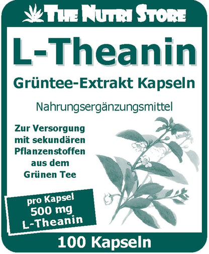 L-Theanine 500 mg per capsule, pack of 100, for supplying secondary plant substances from green tea, 3 month supply