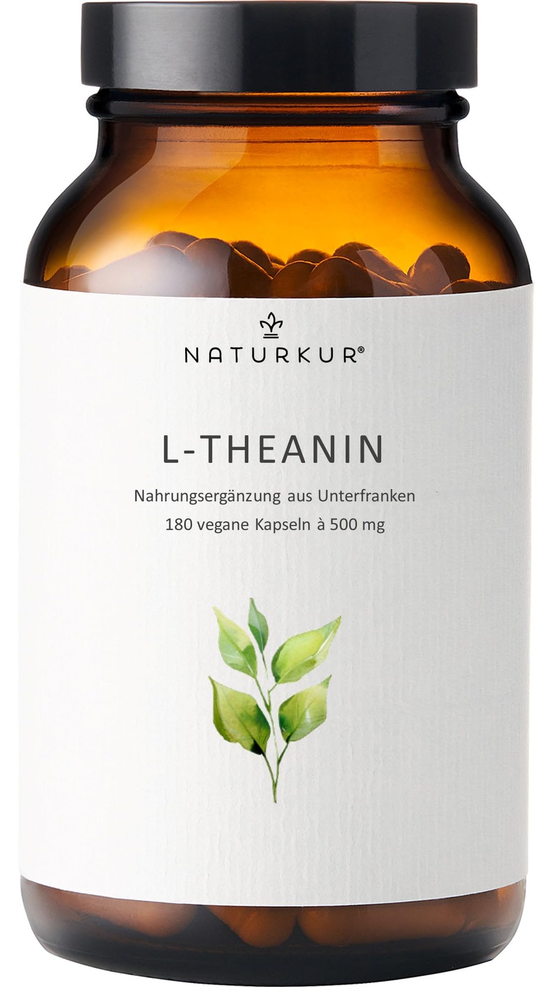 Naturkur L-Theanine 500 mg – 180 Capsules in Pharmacist Jar – Vegan, No Additives, Handmade in Lower Franconia
