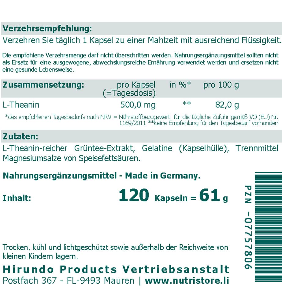 L-Theanine 500 mg per capsule, pack of 100, for supplying secondary plant substances from green tea, 3 month supply