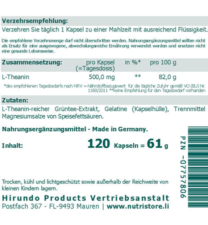 L-Theanine 500 mg per capsule, pack of 100, for supplying secondary plant substances from green tea, 3 month supply