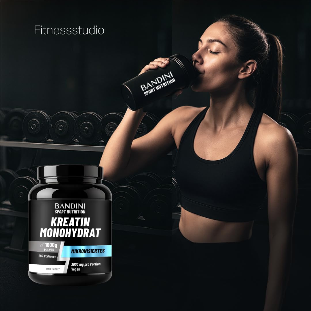 Bandini® Creatine Monohydrate Powder, 1 kg/1000 g, 294 Servings of 3000 mg | Ultra pure micronised creatine 3 g, microfine, soluble, tasteless, mesh factor 200, 100% vegan creatine monohydrate