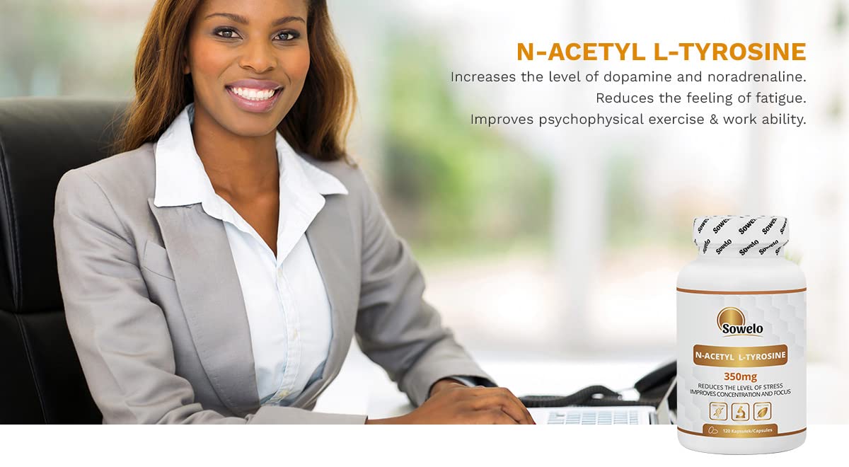 N-Acetyl L-Tyrosine 350 mg - 120 Capsules - High Quality Nalt Form | Popular for Focus, Energy & Stress Management - No Unnecessary Additives - EU Made - Sowelo (2-Pack)