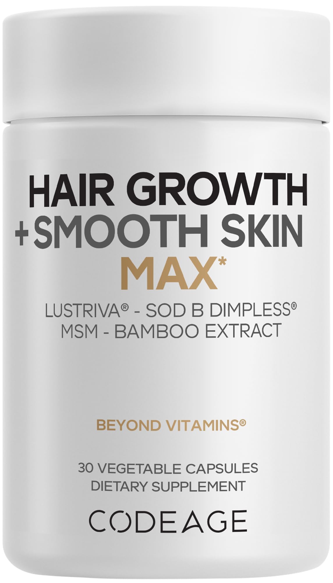 Codeage Hair Growth + Smooth Skin Max Vitamins Supplement - Patented Lustriva & SOD B Dimpless Superoxide Dismutase - Hair Growth Health Skin Cellulite Support - Biotin, Vitamin C, MSM - 30 Capsules CodeageBuy Supplements Australia