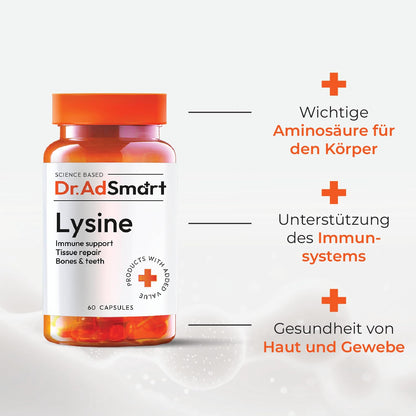 Dr.AD Smart L-Lysine - 1000 mg Lysine Per Daily Dose - Essential Amino Acid to Support Normal Immune Function - 60 Capsules - Laboratory Tested, High Dose - GMP Quality