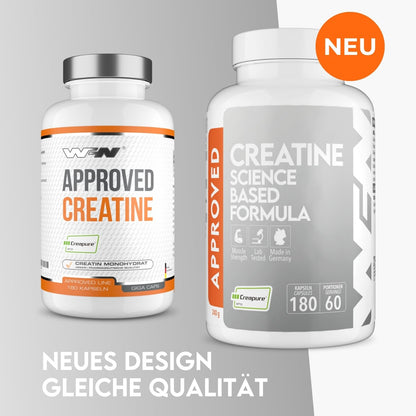 WFN Approved Creatine Caps - Creapure - 180 Creatine Capsules - High Dose Giga Caps - Pure Creatine Monohydrate - Vegan - 60 Servings - No Additives