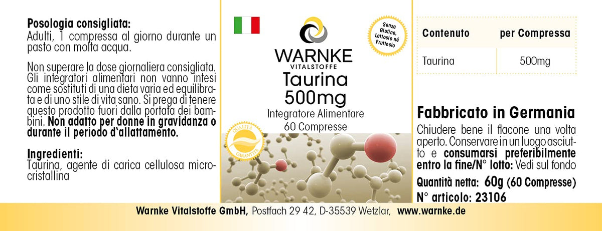 Taurine 500 mg - 60 Tablets - Amino Acid - High Dose | Warnke Vital Substances - German Pharmacy Quality