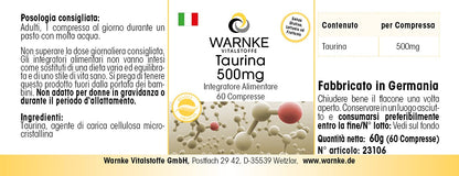 Taurine 500 mg - 60 Tablets - Amino Acid - High Dose | Warnke Vital Substances - German Pharmacy Quality