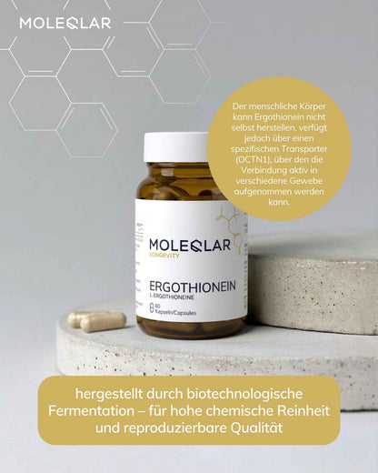MoleQlar Ergothionein Capsules Pack of 60 - Sulphur-containing Amino Acid Derivative with 25 mg L-Ergothionein per Capsule - ErgoElite™ Brand Raw Material