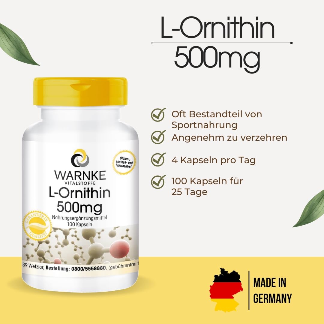 L-Ornithine Capsules, 500 mg L-Ornithine per Capsule, 100 Capsules, High Dose & Vegan, Amino Acid, Warnke Vital Substances, German Pharmacy Quality