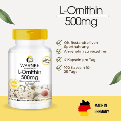 L-Ornithine Capsules, 500 mg L-Ornithine per Capsule, 100 Capsules, High Dose & Vegan, Amino Acid, Warnke Vital Substances, German Pharmacy Quality