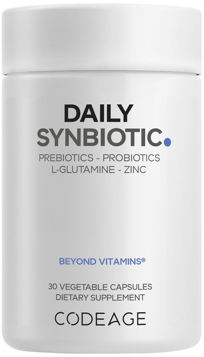 Codeage Daily Synbiotic Supplement - Prebiotics, Lactobacillus & Bifidobacterium Probiotics, L-Glutamine, Zinc L-Carnosine, DGL, Synbiotic Probiotic, BioPerine - Shelf-Stable - 30 Capsules CodeageBuy Supplements Australia