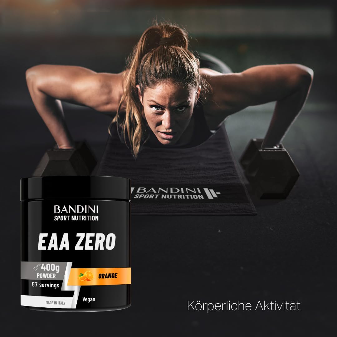 Bandini® EAA Amino Acids Complex 400 g Powder 9 Different Amino Acids | EAAs Amino Acids & Vitamin B6 | Workout Booster | Top Solubility, Orange Flavour | High Dosage, Laboratory Tested, Vegan