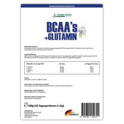 BCAA/L-Glutamine 500g Powder 50/50 Mix 100% Pure, Amino Acids Premium Quality Pure Vegetable Without Artificial Flavours Made in Germany