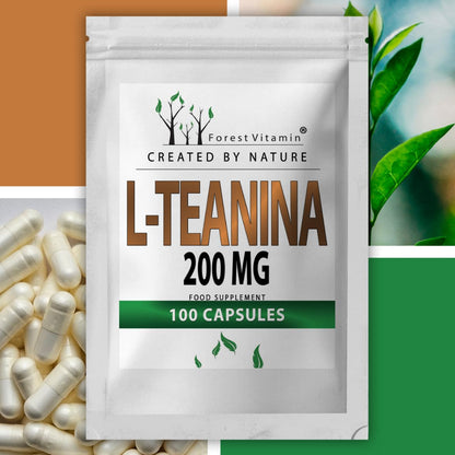 L-Theanine 200 mg - 100 Capsules - L Theanine 99% - High Dose of Green Tea (Camellia Sinensis) - Pure Theanine Amino Acid Supplement - Vegan - No Additives - Forest Vitamin