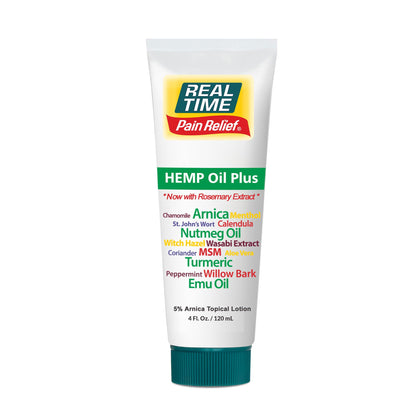 Real Time Pain Relief Hemp Oil Plus 4oz Tube | 20 Natural Ingredients: 5% Arnica & Turmeric | Fast Absorbing Lotion for Muscles, Hands, Feet, Ankles, Back, Shoulders, Knees & Joints Discomfort Real Time Pain ReliefBuy Supplements Australia