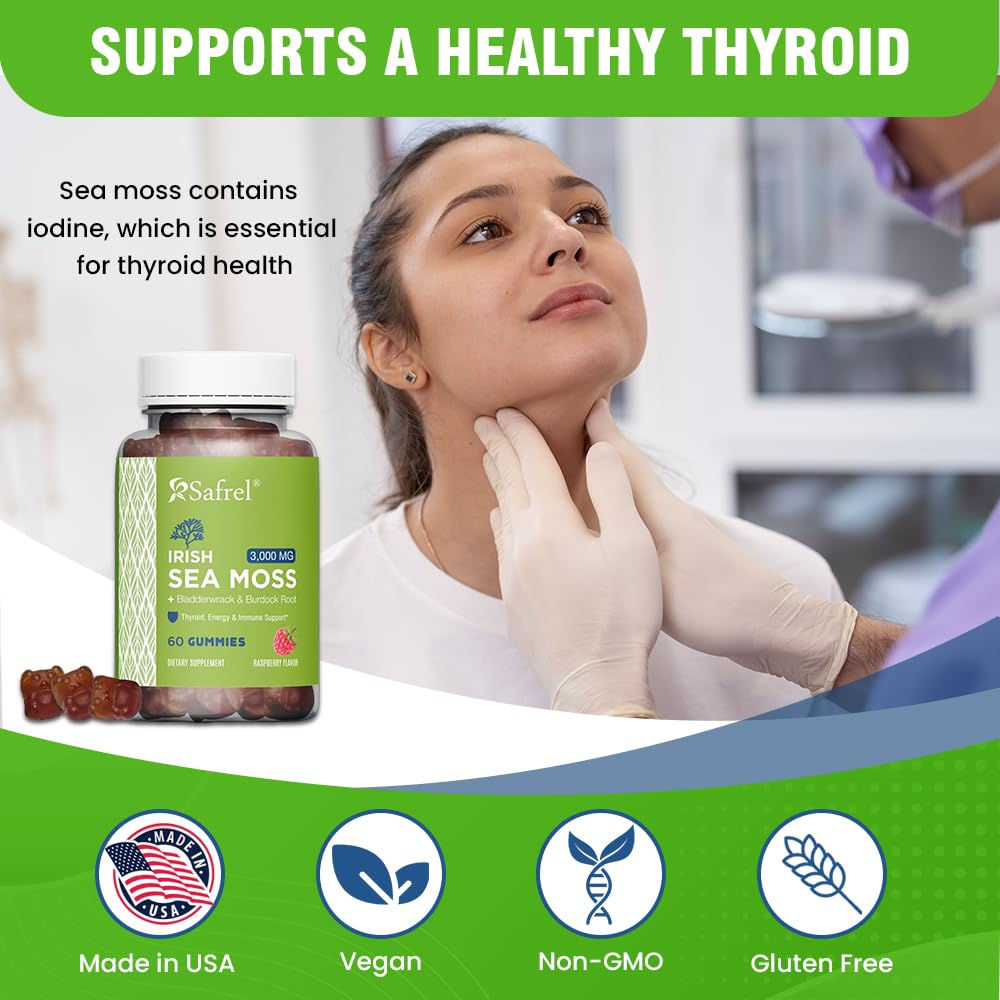 Safrel Irish Sea Moss Gummies 3000mg with Bladderwrack and Burdock Root, Thyroid Energy and Immune Support, Vegan Raspberry Flavor, 60 Gummies SafrelBuy Supplements Australia