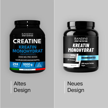 Bandini® Creatine Monohydrate Powder, 1 kg/1000 g, 294 Servings of 3000 mg | Ultra pure micronised creatine 3 g, microfine, soluble, tasteless, mesh factor 200, 100% vegan creatine monohydrate