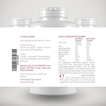 L-Tyrosine 500mg – 120 Capsules – Hochdosiert – Dietary Supplements – Made in Germany, , , | Gluten and lactose free