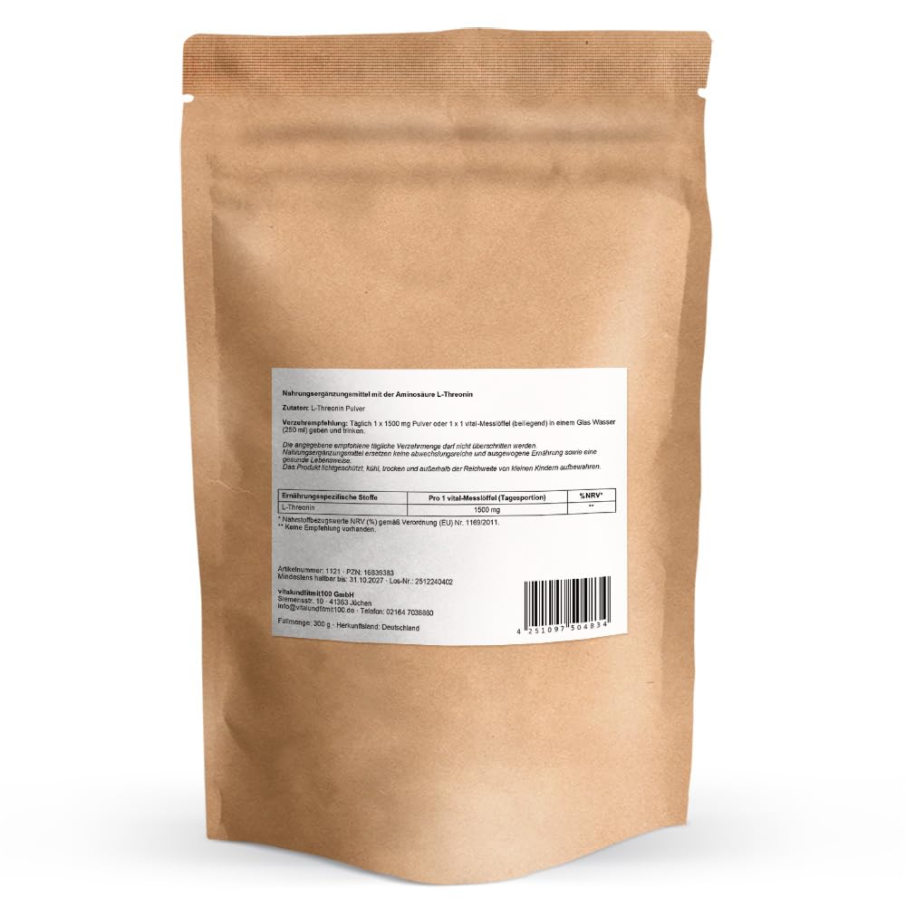Vitalundfitmit100 L-Threonine Powder 300 g, Amino Acid from Fermentation, Vegan, Pure