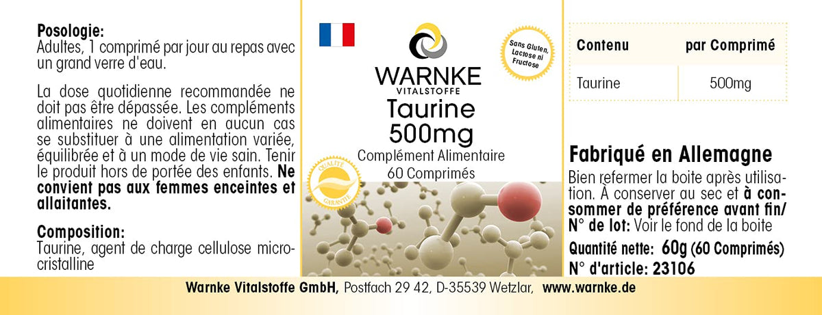 Taurine 500 mg - 60 Tablets - Amino Acid - High Dose | Warnke Vital Substances - German Pharmacy Quality