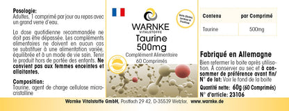 Taurine 500 mg - 60 Tablets - Amino Acid - High Dose | Warnke Vital Substances - German Pharmacy Quality