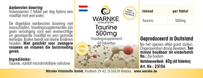 Taurine 500 mg - 60 Tablets - Amino Acid - High Dose | Warnke Vital Substances - German Pharmacy Quality