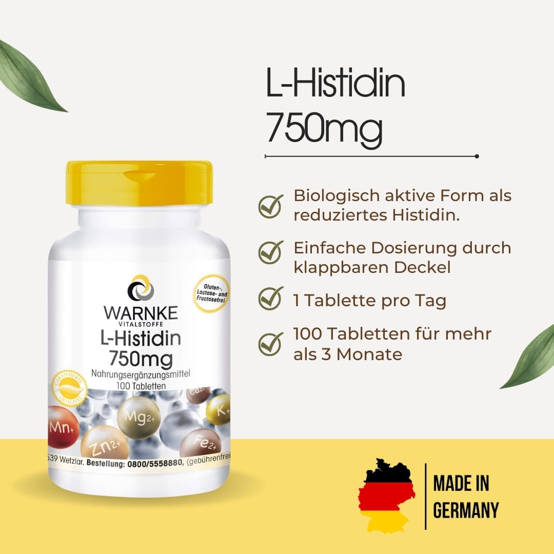 L-Histidine 750mg - High Dose & Vegan - Amino Acid - 100 Tablets | Warnke Vital Substances - German Pharmacy Quality
