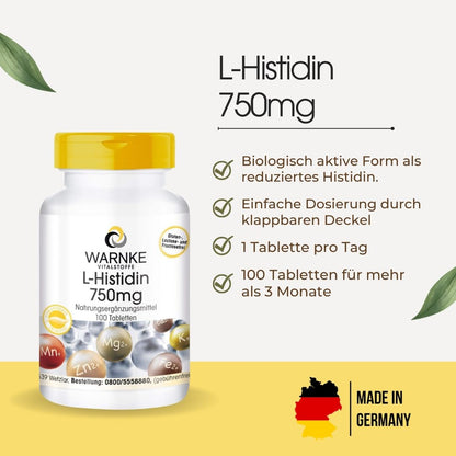 L-Histidine 750mg - High Dose & Vegan - Amino Acid - 100 Tablets | Warnke Vital Substances - German Pharmacy Quality