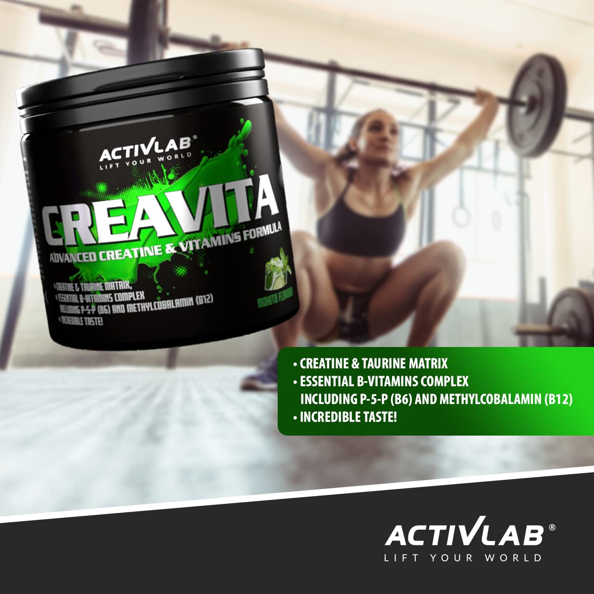 Activlab Creatine Powder - 3 g per serving - Creatine Monohydrate with Taurine, Vitamin B6 and B12-300 g - 30 Servings - Creavita - Mojito