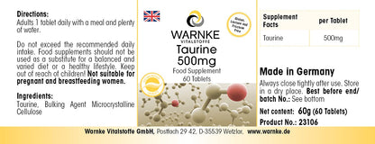Taurine 500 mg - 60 Tablets - Amino Acid - High Dose | Warnke Vital Substances - German Pharmacy Quality