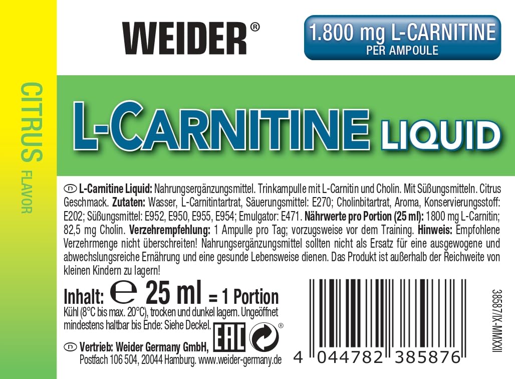 Weider Supplement L-Carnitine Liquid 1.800 mg - 500 ml, Citrus | 1800 mg Carnipure L-carnitine, with choline for normal lipid metabolism