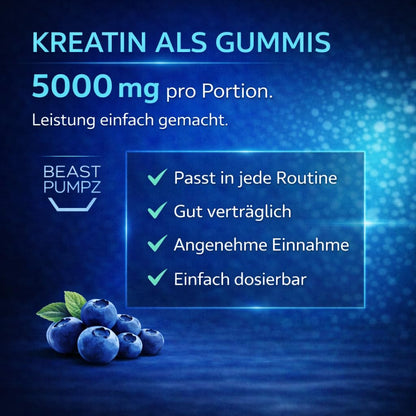 Creatine Monohydrate Gummies - 5000 mg Creatine per Serving - Fruit Gums for Muscle Building & Performance - 120 Gummies Blueberry - Flavour - Low Sugar - Free from Gluten, Lactose, Soy