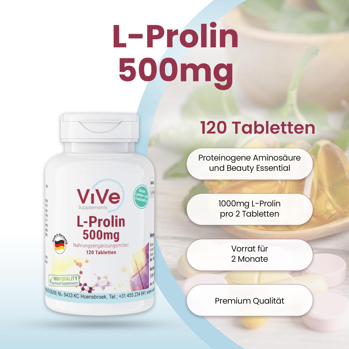 L-Proline 500 mg – 120 Tablets – Amino Acid – High Dose – Vegan Quality from Germany ViVe Supplements