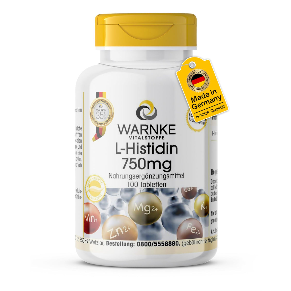 L-Histidine 750mg - High Dose & Vegan - Amino Acid - 100 Tablets | Warnke Vital Substances - German Pharmacy Quality