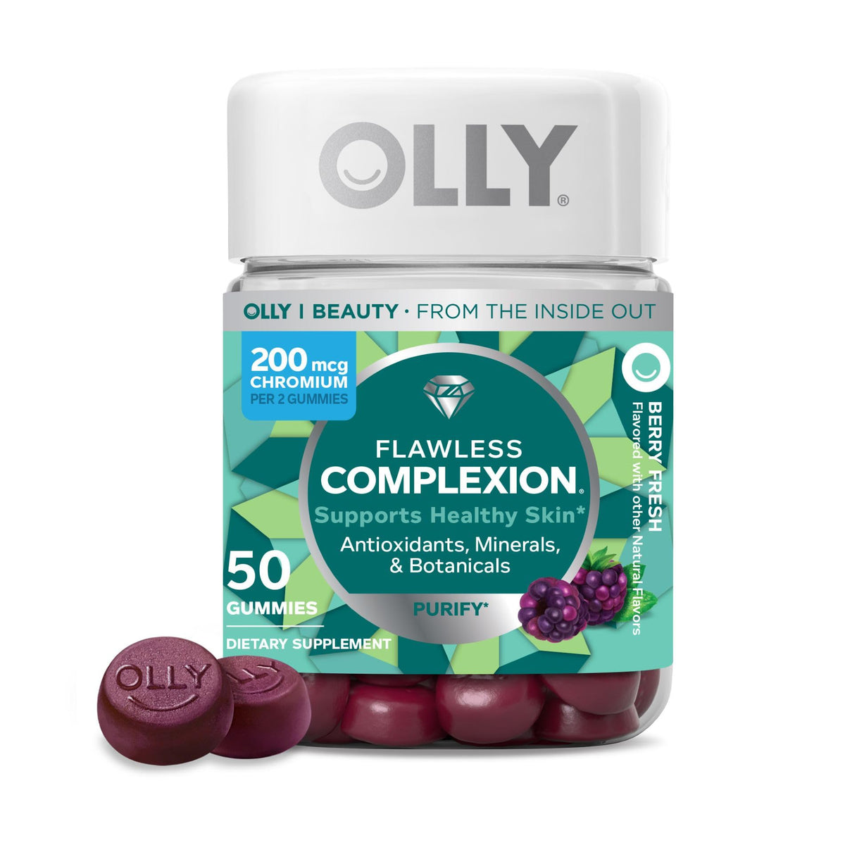 OLLY Flawless Complexion Gummy, Clear and Healthy Skin Support, Vitamins E, A, Zinc, Chewable Supplement, Berry - 50 Count (Pack of 1)