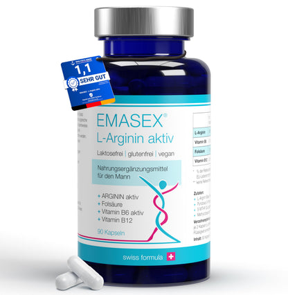 EMASEX L-Arginine Bioactive 2680 mg - High Dose with B6, B12 & Folic Acid - Swiss Formula for Men - Vegan, Blood Circulation & Vitality - 90 Capsules