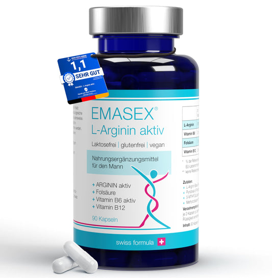 EMASEX L-Arginine Bioactive 2680 mg - High Dose with B6, B12 & Folic Acid - Swiss Formula for Men - Vegan, Blood Circulation & Vitality - 90 Capsules