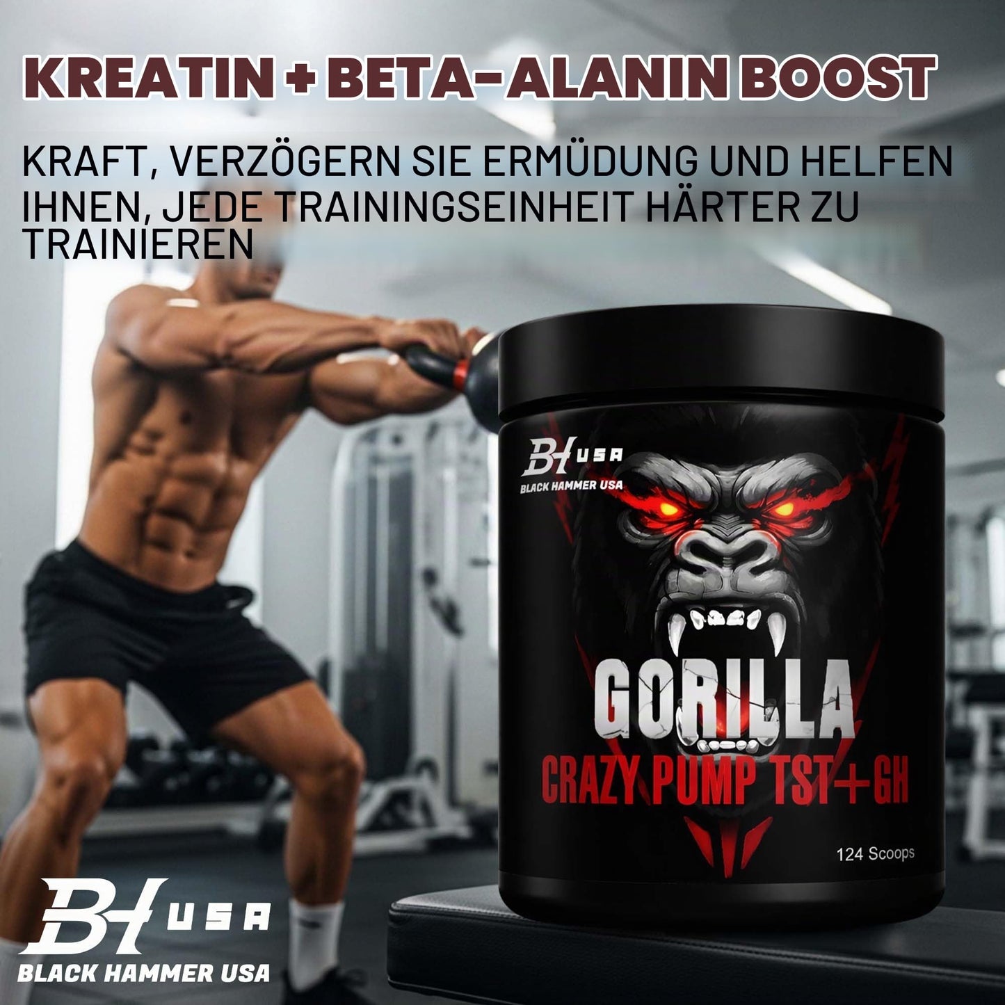 Gorilla Crazy Pump + TST+GH Pre Workout - Muscle Pump, Energy & Strength Support - Black Hammer USA (620 g, Orange)