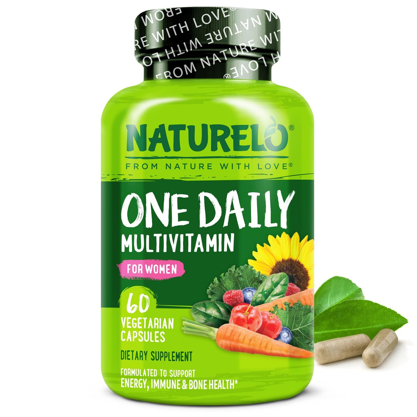 NATURELO One Daily Multivitamin for Women w/Vitamin B12, 60 Ct, Energy Support, Whole Food Daily Women Multivitamin Supplement, Nourish Hair/Skin/Nail, Non-GMO